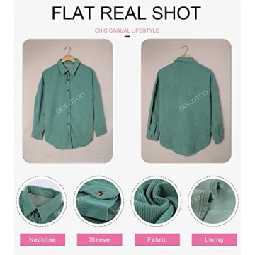 Dokotoo Womens V Neck Roll Up Long Sleeve Pocket Corduroy Shirts Casual Boyfriend Button Down Petite Blouses M Green