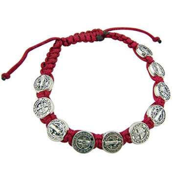 Saint St Benedict Medal on Adjustable Red Cord Bracelet - 8 Inch