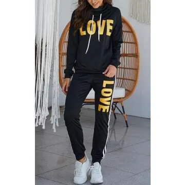 Angsuttc Women's Tracksuit Cowl Neck Long Sleeve Sweatshirt and Sweatpants set Letter Print 2 Piece Outfits Black S