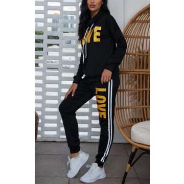 Angsuttc Women's Tracksuit Cowl Neck Long Sleeve Sweatshirt and Sweatpants set Letter Print 2 Piece Outfits Black S