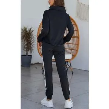 Angsuttc Women's Tracksuit Cowl Neck Long Sleeve Sweatshirt and Sweatpants set Letter Print 2 Piece Outfits Black S