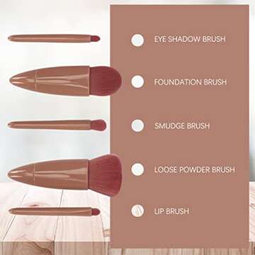 Unaone 5 Piece Makeup Brushes Set, Professional Travel Small Makeup Brushes with Brush Case Built-in Mirror, Portable Cosmetics Brushes for Eyeshadow, Powder, Foundation, Blush