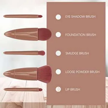 Unaone 5 Piece Makeup Brushes Set, Professional Travel Small Makeup Brushes with Brush Case Built-in Mirror, Portable Cosmetics Brushes for Eyeshadow, Powder, Foundation, Blush