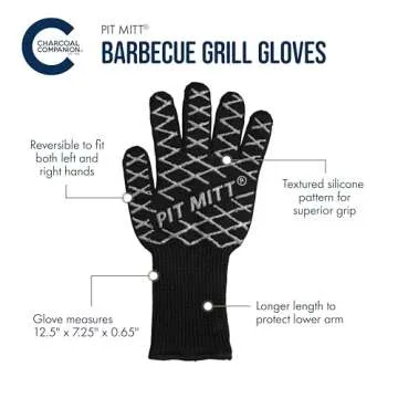 Charcoal Companion Pit Mitt - Heat Resistant BBQ Grill Glove with Aramid Fiber Construction - Textured Silicone Grip for Enhanced Control, Non-Slip BBQ Gloves- Reversible for Right or Left Hand