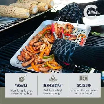 Charcoal Companion Pit Mitt - Heat Resistant BBQ Grill Glove with Aramid Fiber Construction - Textured Silicone Grip for Enhanced Control, Non-Slip BBQ Gloves- Reversible for Right or Left Hand