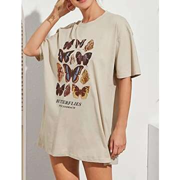 Meladyan Women’s Oversize Graphic Printed Loose Tee Short Sleeve Round Neck Loose Tshirt Tops Apricot