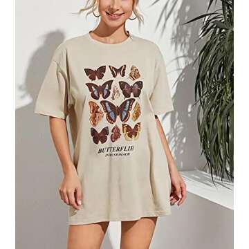 Meladyan Women’s Oversize Graphic Printed Loose Tee Short Sleeve Round Neck Loose Tshirt Tops Apricot