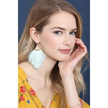 Bohemian Silky Thread Fan Fringe Tassel Statement Earrings - Lightweight Strand Feather Shape Dangle...