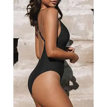 CUPSHE Women Swimsuit One Piece Bathing Suit Deep V Neck Crisscross Back Adjustable Strap Black S