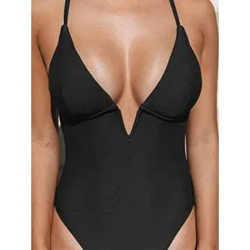 CUPSHE Women Swimsuit One Piece Bathing Suit Deep V Neck Crisscross Back Adjustable Strap Black S