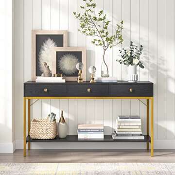VANOMi Console Table with Drawers, Hallway Wall Table with Storage Shelves, Narrow Long Sofa Entryway Table for Living Room, Metal Frame, Black Gold