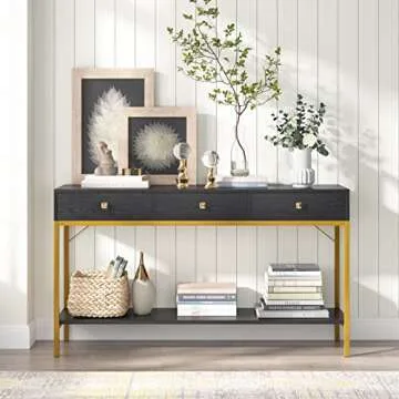 VANOMi Console Table with Drawers, Hallway Wall Table with Storage Shelves, Narrow Long Sofa Entryway Table for Living Room, Metal Frame, Black Gold