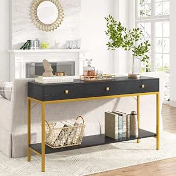 VANOMi Console Table with Drawers, Hallway Wall Table with Storage Shelves, Narrow Long Sofa Entryway Table for Living Room, Metal Frame, Black Gold