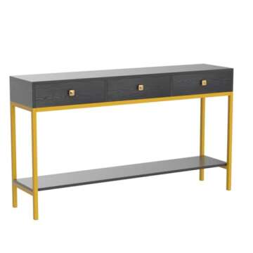 VANOMi Console Table with Drawers, Hallway Wall Table with Storage Shelves, Narrow Long Sofa Entryway Table for Living Room, Metal Frame, Black Gold