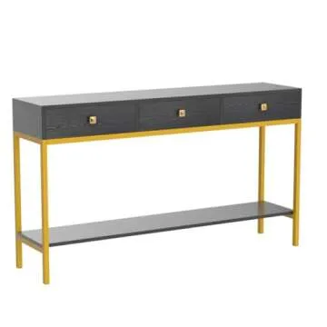 VANOMi Console Table with Drawers, Hallway Wall Table with Storage Shelves, Narrow Long Sofa Entryway Table for Living Room, Metal Frame, Black Gold