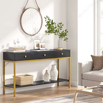 VANOMi Console Table with Drawers, Hallway Wall Table with Storage Shelves, Narrow Long Sofa Entryway Table for Living Room, Metal Frame, Black Gold