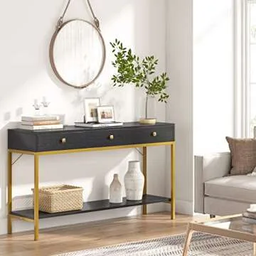 VANOMi Console Table with Drawers, Hallway Wall Table with Storage Shelves, Narrow Long Sofa Entryway Table for Living Room, Metal Frame, Black Gold