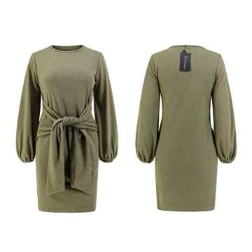 R.Vivimos Women Autumn Winter Cotton Long Sleeves Elegant Knitted Bodycon Tie Waist Sweater Pencil Dress (Large, Army Green)