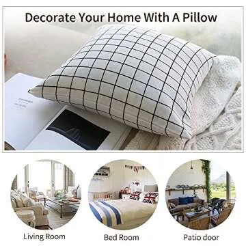 FAIRY HOUSE Durable Cotton Linen Square Decorative Throw Pillows Cushion Covers Cases Pillowcases for Sofa 18 x18 inch Set of 2-White Grid