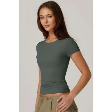 QINSEN Summer Tops for Women Slim Fit Short Sleeve T Shirts Basic Crewneck Y2K Crop Top, Army Green Small