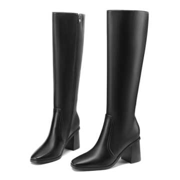 Dumjey Black Knee High Boots for Women Chunky Heel Square Toe Tall Boots Fashion Long Boot with Side...