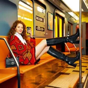 Dumjey Women's Black Knee High Boots with Chunky Heel