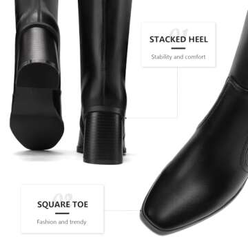 Dumjey Women's Black Knee High Boots with Chunky Heel