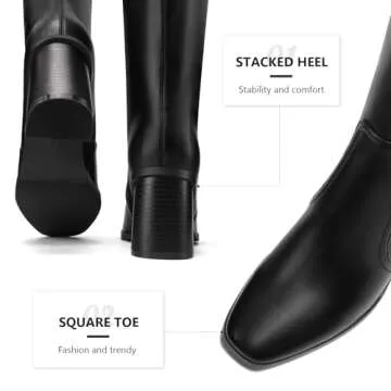 Dumjey Women's Black Knee High Boots with Chunky Heel