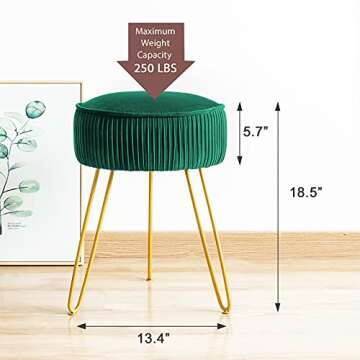 LUE BONA Emerald Velvet Pleated Vanity Stool with Gold Legs - Modern Footrest for Home
