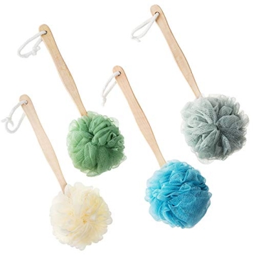 4 Pack Large Bath Puff Loofah Sponge With Long Handle Shower Loofah, Bath Body Back Brush, Spa Brush...