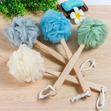 4 Pack Bath Puff Loofah with Long Handle for All Ages