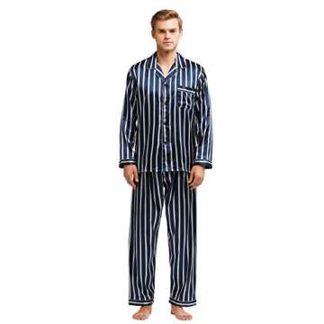 TONY & CANDICE Men's Classic Satin Pajama Set Sleepwear (Navy and Beige Striped, X-Large)