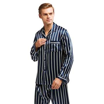 TONY & CANDICE Men's Classic Satin Pajama Set Sleepwear (Navy and Beige Striped, X-Large)