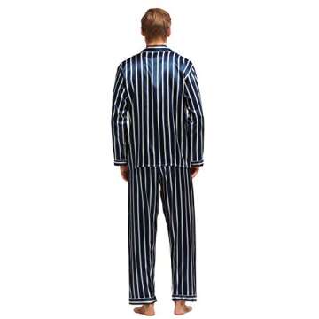 TONY & CANDICE Men's Classic Satin Pajama Set Sleepwear (Navy and Beige Striped, X-Large)
