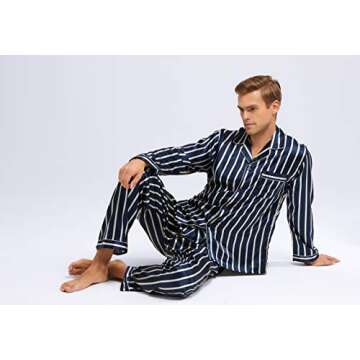 TONY & CANDICE Men's Classic Satin Pajama Set Sleepwear (Navy and Beige Striped, X-Large)