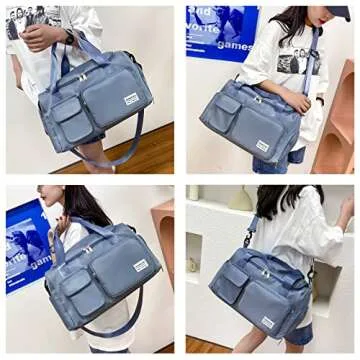 Blue Gym Bag for Women, Waterproof Travel Duffle Bag Carry On Weekender Bag with Shoe Compartment & ...