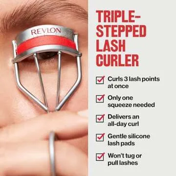 Revlon Triple-Stepped Lash Curler, Eyelash Lift For a Super-Curled Look in One Squeeze, 3-Tiered Pads for Gentle, Tug-Free Curling, 1 Count
