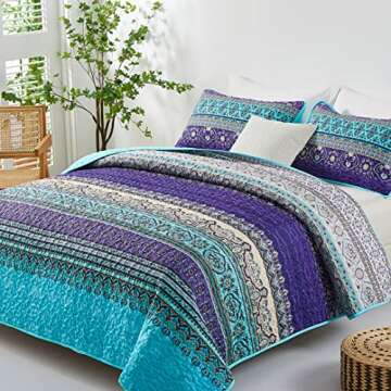 WONGS BEDDING Boho Quilt King Size, Blue Purple Bohemian King Quilt, Lightweight Microfiber Bed Deco...