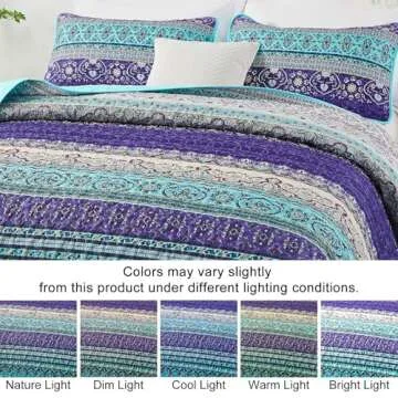 WONGS BEDDING Boho Quilt King Size, Blue Purple Bohemian King Quilt, Lightweight Microfiber Bed Decor Bedspread for All Season 103"x90"(3 Pieces)