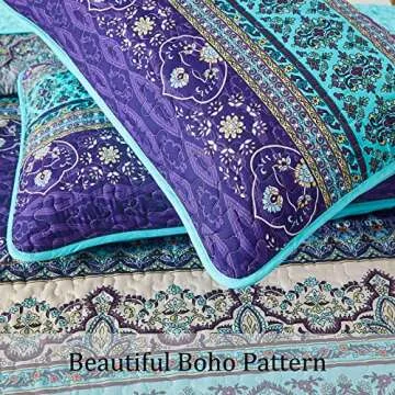 WONGS BEDDING Boho Quilt King Size, Blue Purple Bohemian King Quilt, Lightweight Microfiber Bed Decor Bedspread for All Season 103"x90"(3 Pieces)