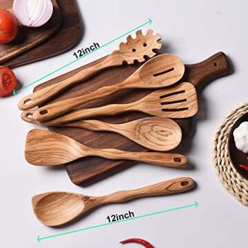 Gudamaye 12 inch Olive Wooden Utensils for Cooking, Long Handle Wooden Spoons for Cooking, 6 PCES Crafting Wooden Spoon Set, Wooden Kitchen Utensil set, Natural Olive Wooden utensil Set