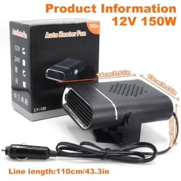 Car Heater, 2-in-1 Multi-Function Portable Car Heater, 150W 12V Car Heater That Plugs into Cigarette Lighter, 360° Free Adjustment, Quick Heating Defrost and Defogging, Black