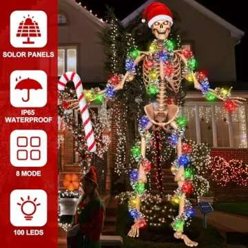 Cozypower Christmas 12 ft Skeleton Santa Outfit Accessories Includes 44 Inch Santa Hat 2 Tinsel Garlands 1 Colorful String Light 1 Inflatable Candy Cane for Garden Lawn Decor(Classic Red)