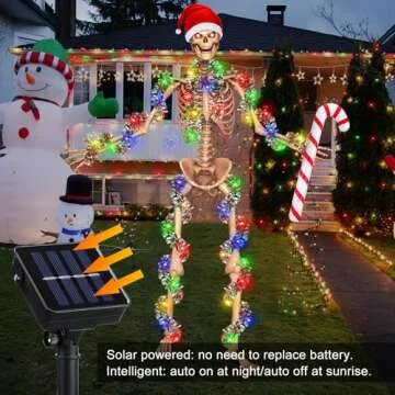 Cozypower Christmas 12 ft Skeleton Santa Outfit Accessories Includes 44 Inch Santa Hat 2 Tinsel Garlands 1 Colorful String Light 1 Inflatable Candy Cane for Garden Lawn Decor(Classic Red)