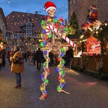 Cozypower Christmas 12 ft Skeleton Santa Outfit Accessories Includes 44 Inch Santa Hat 2 Tinsel Garlands 1 Colorful String Light 1 Inflatable Candy Cane for Garden Lawn Decor(Classic Red)