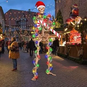 Cozypower Christmas 12 ft Skeleton Santa Outfit Accessories Includes 44 Inch Santa Hat 2 Tinsel Garlands 1 Colorful String Light 1 Inflatable Candy Cane for Garden Lawn Decor(Classic Red)