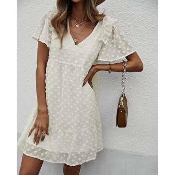 Mansy Womens Summer Short Sleeve V Neck Ruffle Loose Mini Dress Casual Swiss Dot Chiffon Flowy Swing Shift Dress White