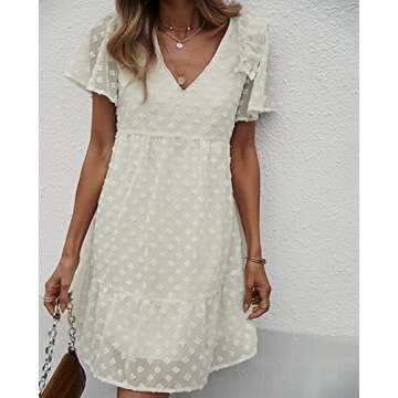 Mansy Womens Summer Short Sleeve V Neck Ruffle Loose Mini Dress Casual Swiss Dot Chiffon Flowy Swing Shift Dress White