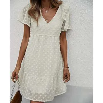 Mansy Womens Summer Short Sleeve V Neck Ruffle Loose Mini Dress Casual Swiss Dot Chiffon Flowy Swing Shift Dress White