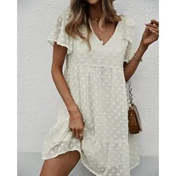 Mansy Womens Summer Short Sleeve V Neck Ruffle Loose Mini Dress Casual Swiss Dot Chiffon Flowy Swing Shift Dress White